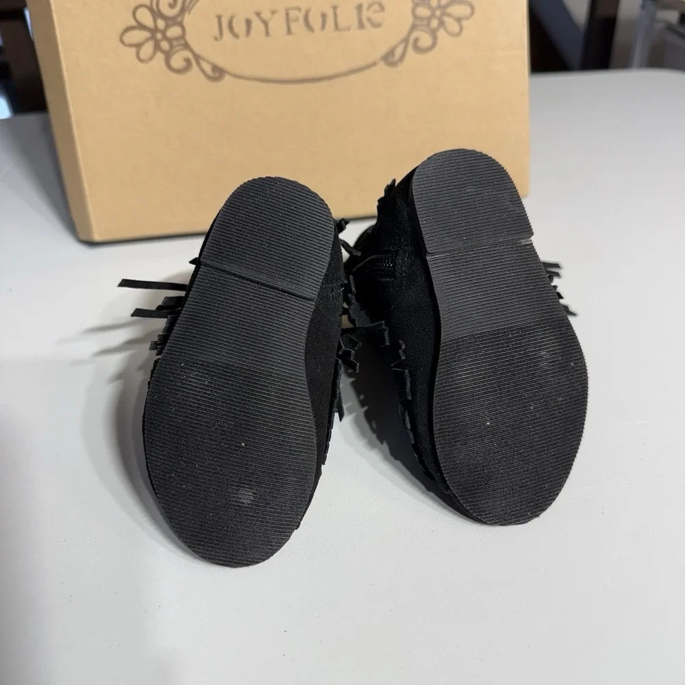 JOYFOLIE TODDLER SIZE 4 Black‎ Suede Fringe Boots SIDE ZIPPER PEEP TOE